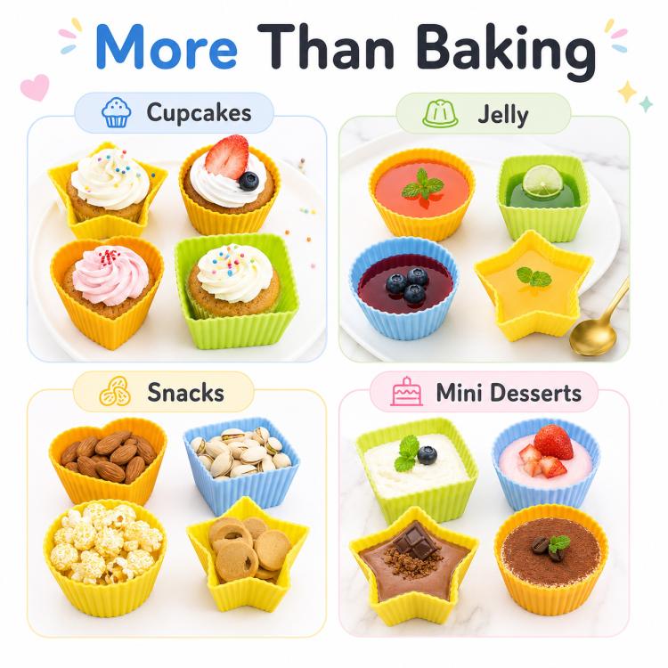 Silicone baking molds filled with cupcakes, jelly, snacks, and mini desserts in star and round shapes