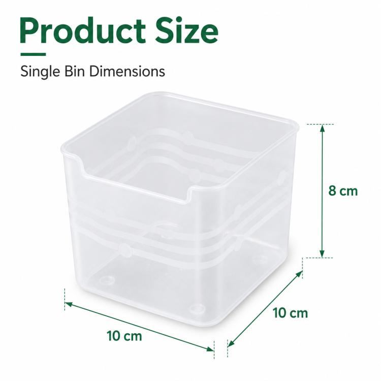 Clear plastic storage bin with open top; size shown as 10 x 10 x 8 cm.