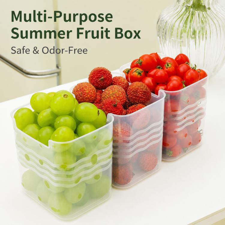 Clear plastic storage bins with open tops holding fruit, rounded edges.