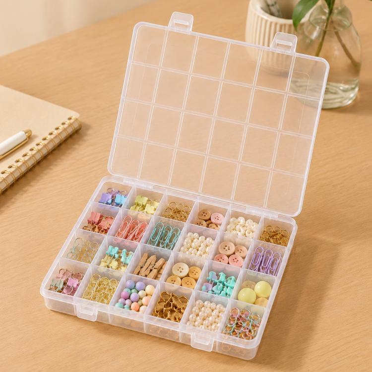 Clear plastic organizer box with 24 fixed grid compartments and hinged lid
