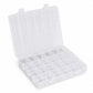 Clear plastic organizer box with open lid showing 24 divided compartments