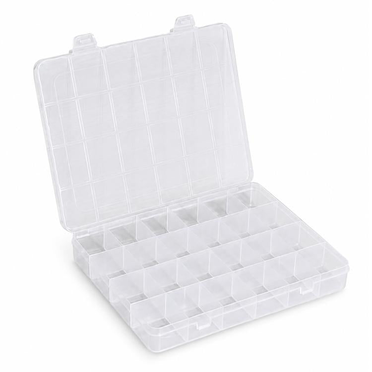 Clear plastic organizer box with open lid showing 24 divided compartments