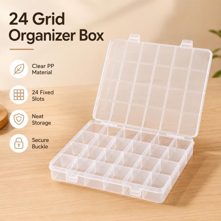 Clear 24-compartment grid storage box with raised lid and secure buckle