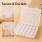 Clear plastic organizer box with open compartments and hinge with latch detail