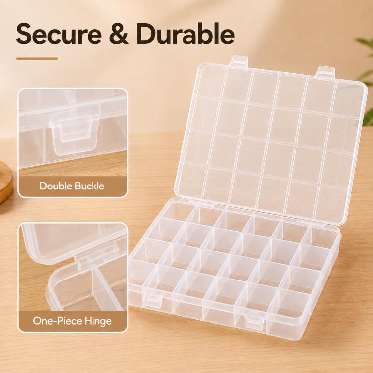 Clear plastic organizer box with open compartments and hinge with latch detail