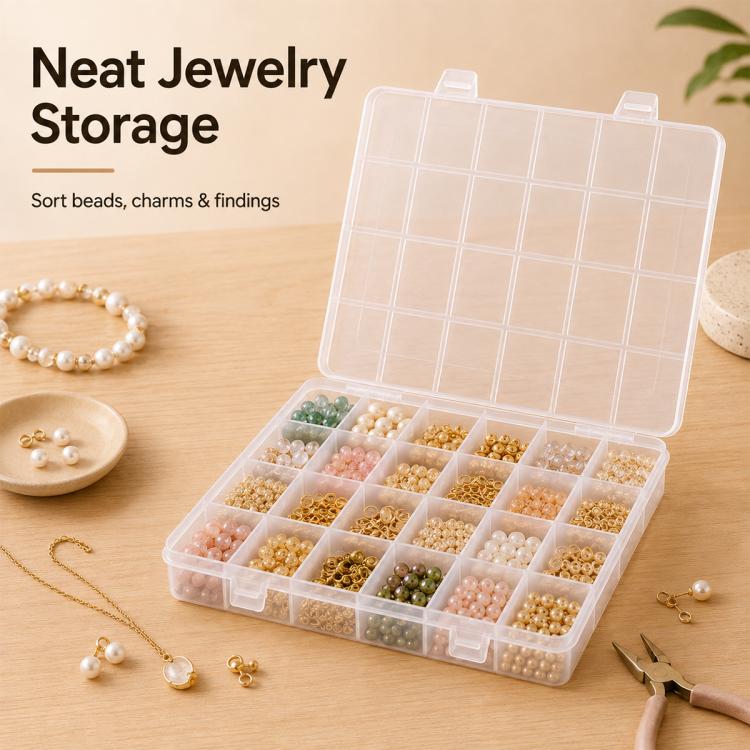 Clear plastic 24-compartment organizer box with beads and small charms inside