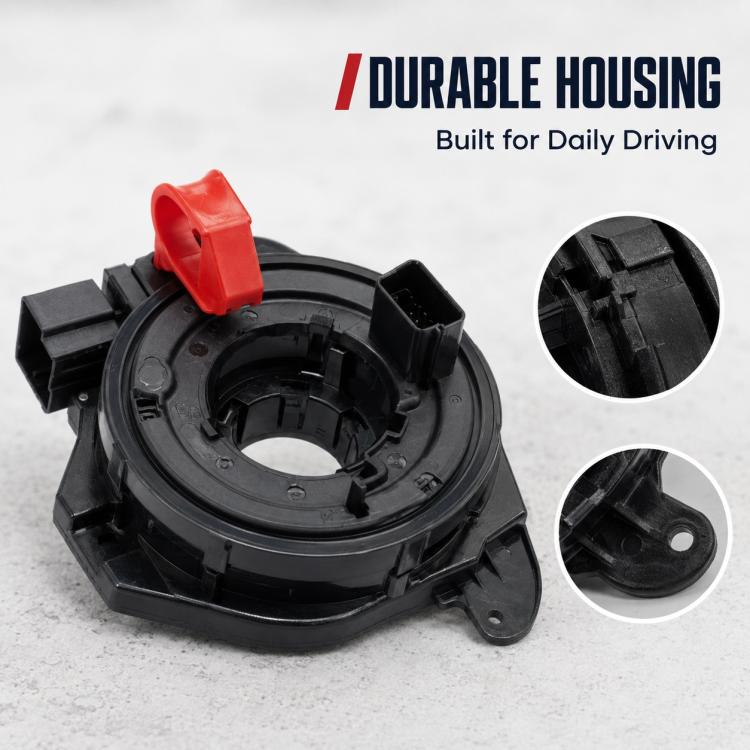 Steering wheel airbag clock spring spiral cable, black housing and red clip, angled