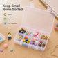 Transparent 8-compartment organizer box with dividers, filled with craft beads and parts.