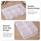 Clear plastic organizer box with divided compartments, secure buckle closure and stable base.