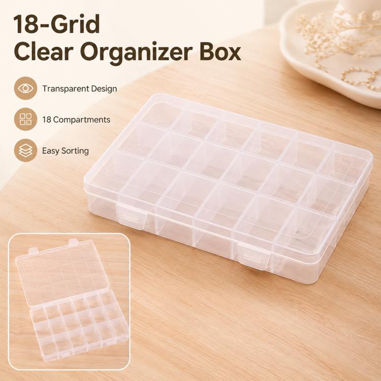 Transparent organizer box with snap lid, 18 grid compartments for small items