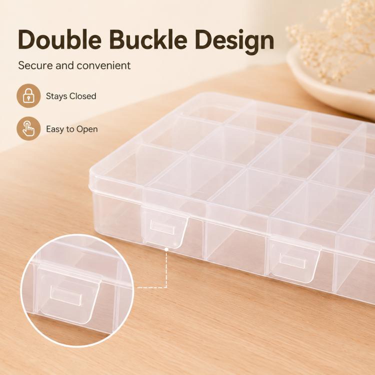 Clear storage organizer box with double buckle closure and visible compartment grid
