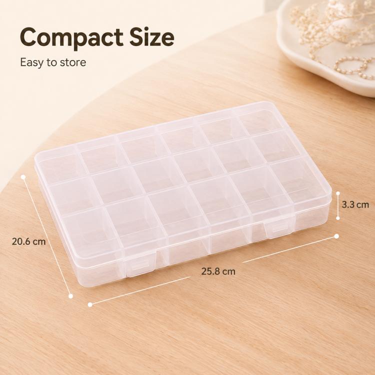 Compact clear organizer box with 18 compartments, open lid and printed size indicators