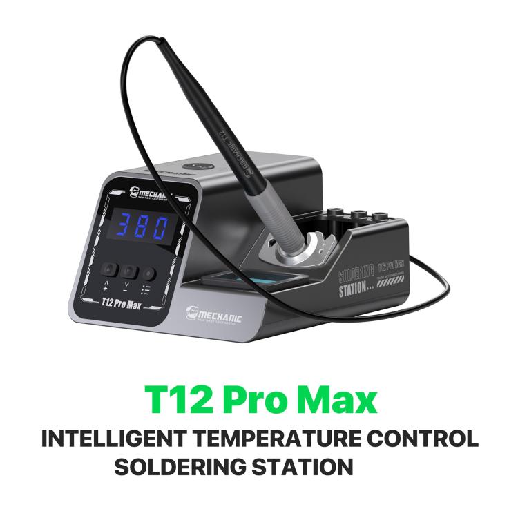 Intelligent soldering station with blue digital display and iron on gray stand