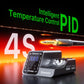 Soldering station with iron tip emitting heat, blue digital display on base