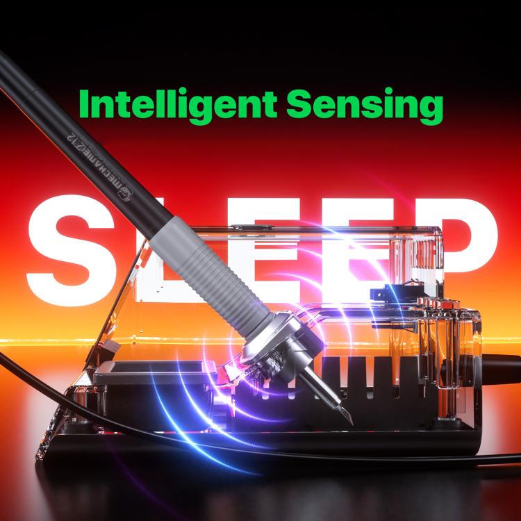 Soldering iron internal sensing diagram with glowing welding tip and base control