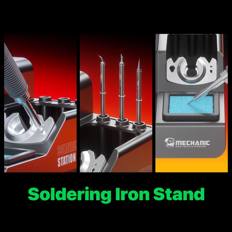 Soldering iron stand with multiple spare tips and iron holder on base