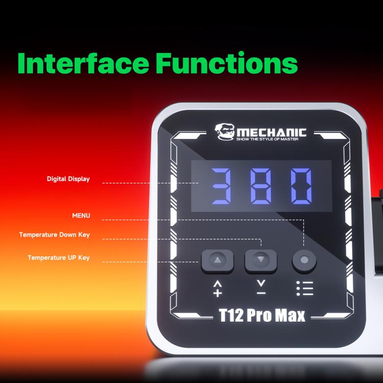 Digital display control panel with temperature readout and buttons on soldering station