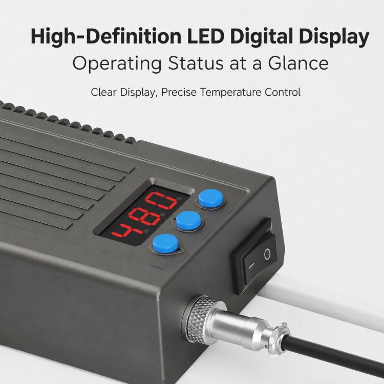Soldering station control panel with red LED temperature display and blue buttons