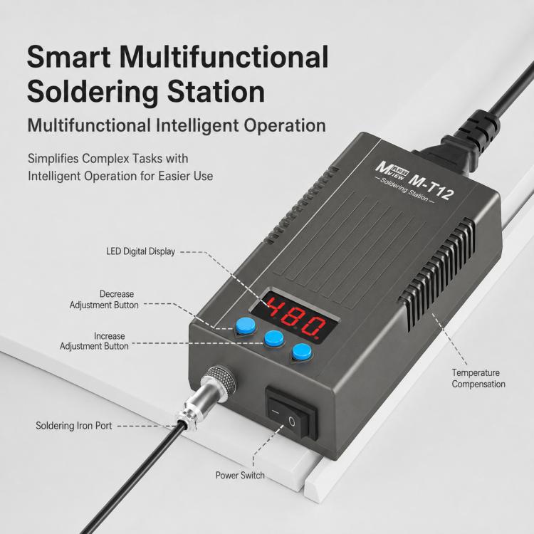 Compact soldering station with blue buttons, red LED temperature display, and power switch