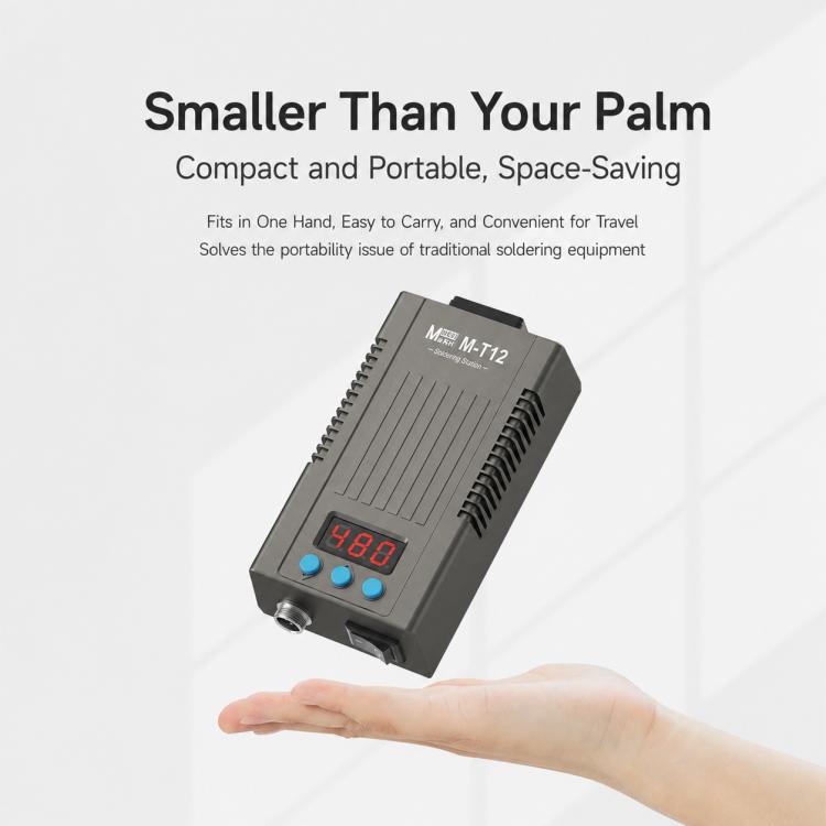 Compact portable soldering station in hand with red LED temperature display