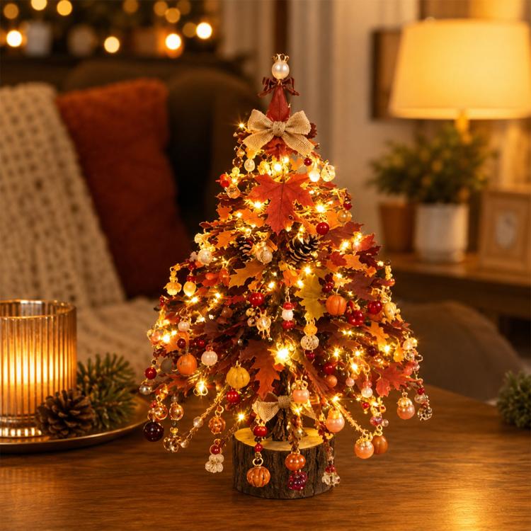 Beaded Christmas tree ornament with warm white lights and red gold dangling beads