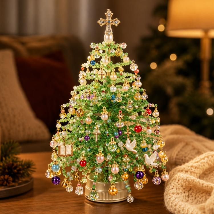 Beaded Christmas tree ornament with multicolor hanging beads and warm white lights