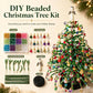DIY beaded Christmas tree kit contents with beads, ornaments, base, and wire strands