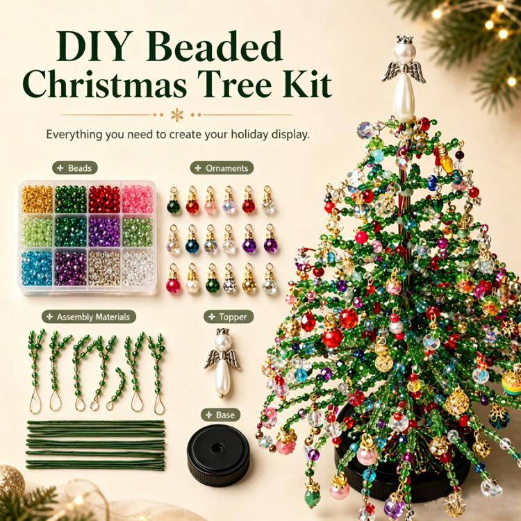 DIY beaded Christmas tree kit contents with beads, ornaments, base, and wire strands