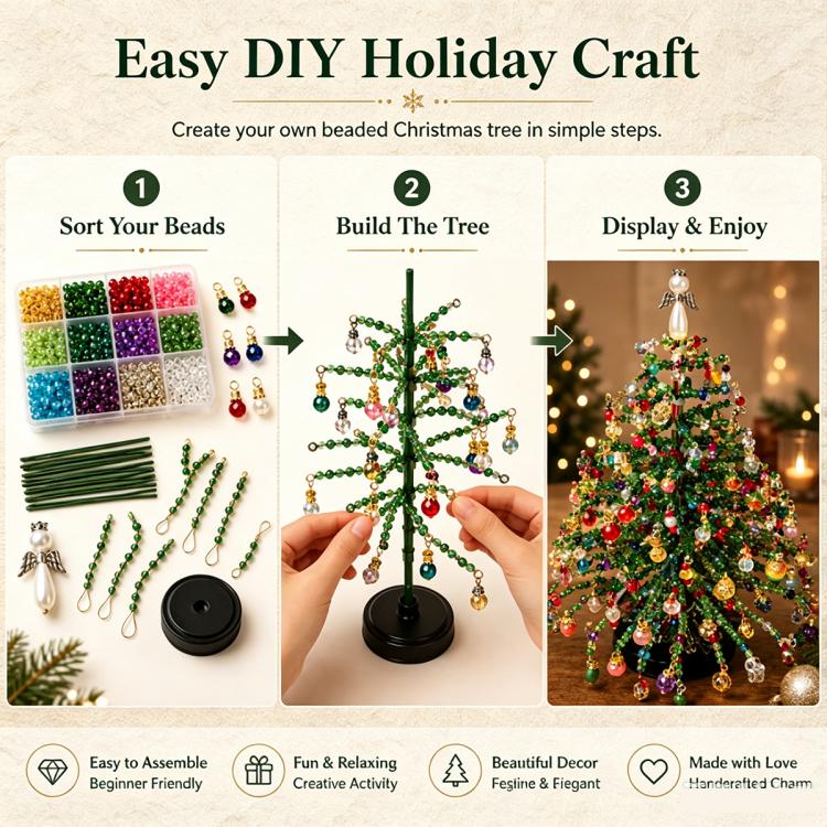 Holiday beading craft kit packaging with step-by-step tree assembly diagrams