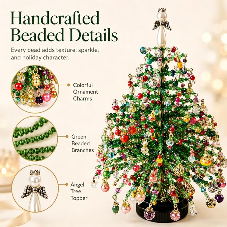 Beaded Christmas tree ornament with colorful charms and detailed dangling bead branches