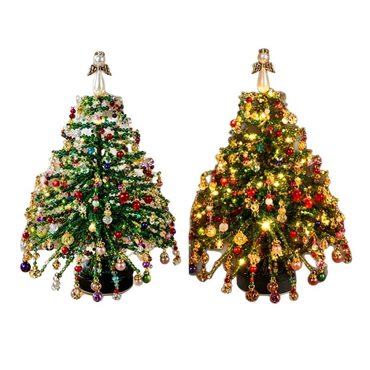 Two beaded Christmas tree ornaments with multicolor beads and warm white lights