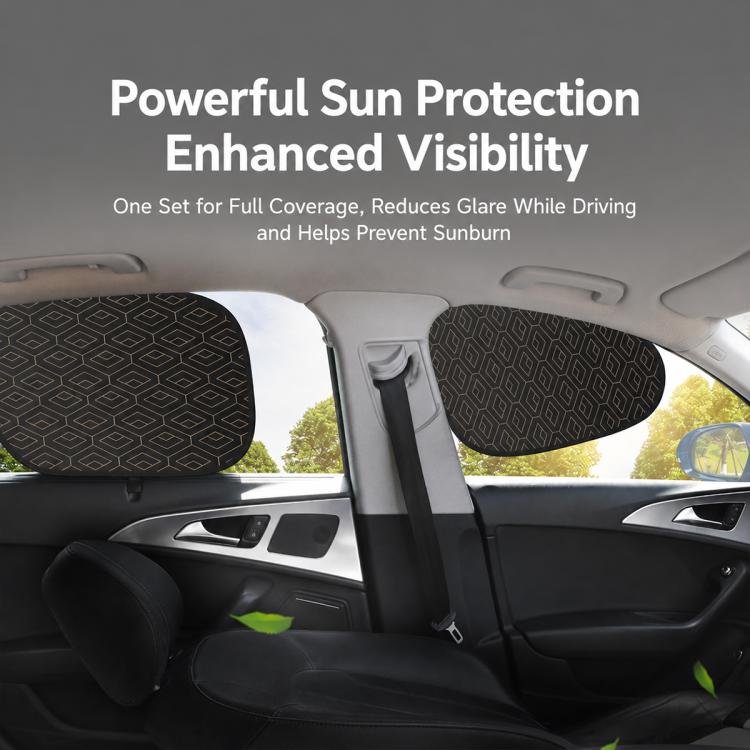 Black patterned car window shades set on rear and side windows for reduced glare