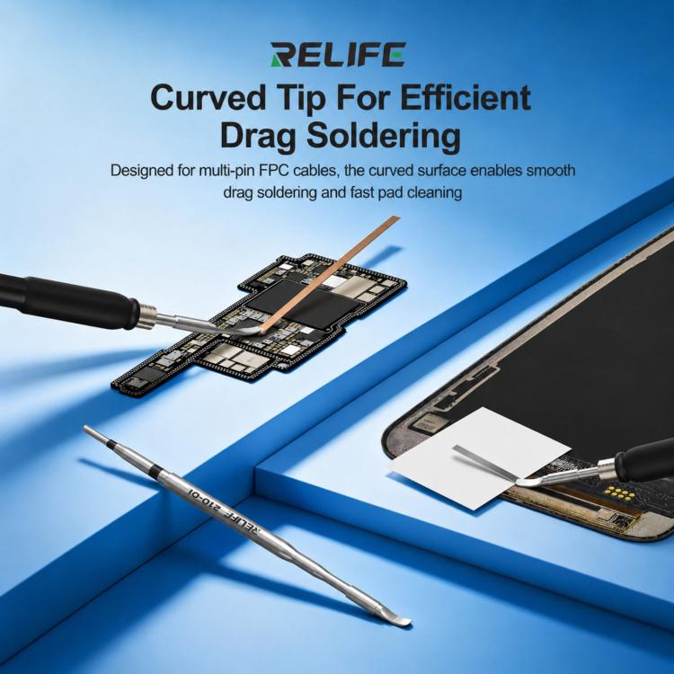 Curved drag soldering tip with angled metal face on slender handle