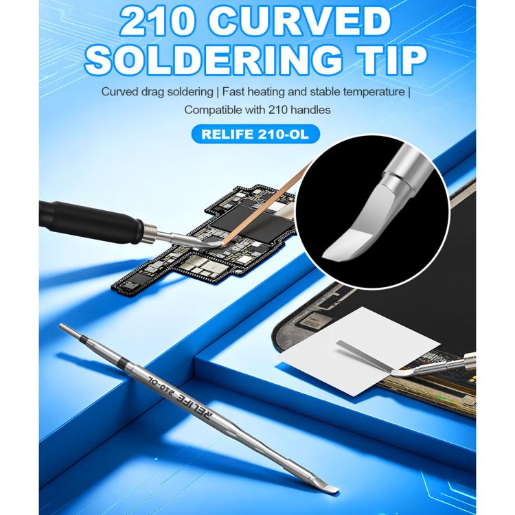 Curved soldering tip with pointed angled end and long slender shaft