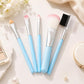 Blue makeup brush set with five brushes and soft bristles, silver ferrules