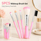 Pink 5-piece makeup brush set with mixed bristles and silver metal handles