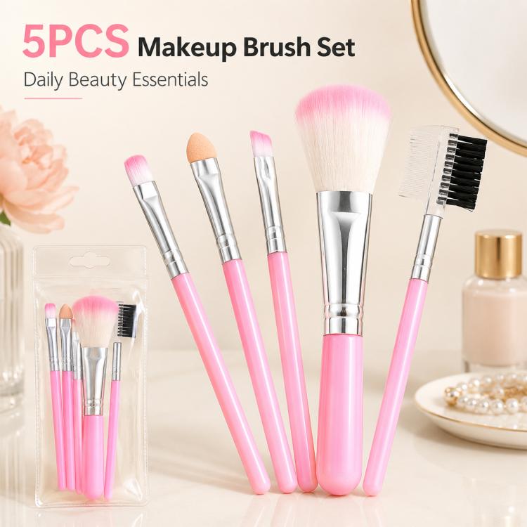 Pink 5-piece makeup brush set with mixed bristles and silver metal handles