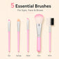 Pink 5-piece makeup brush set with five brush heads and mixed bristle shapes