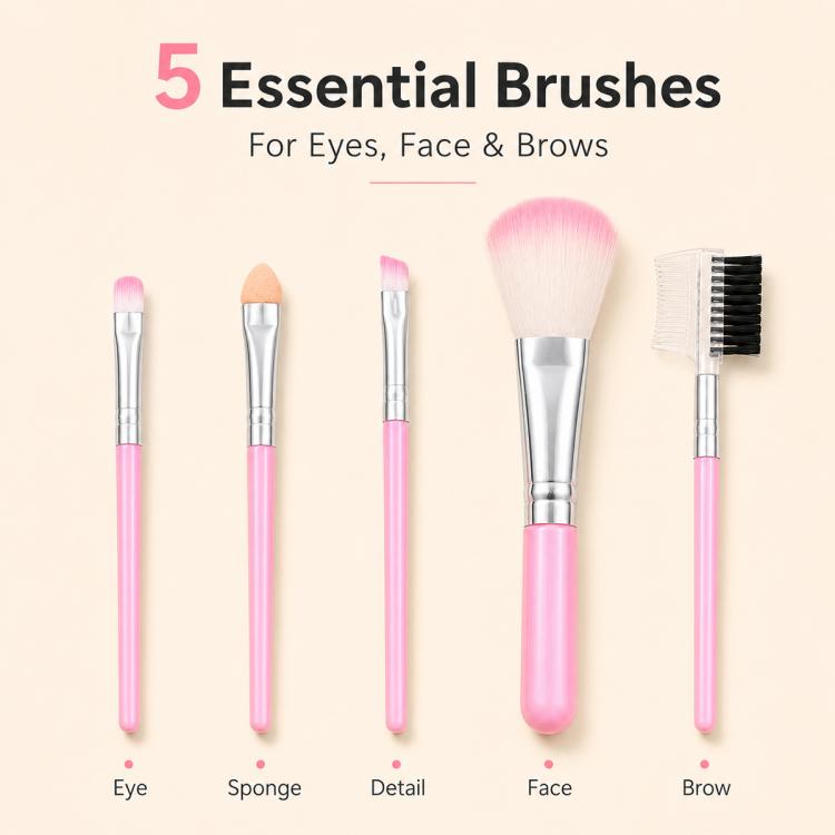 Pink 5-piece makeup brush set with five brush heads and mixed bristle shapes