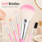 Pink makeup brush set close-up with large powder brush and four smaller brushes