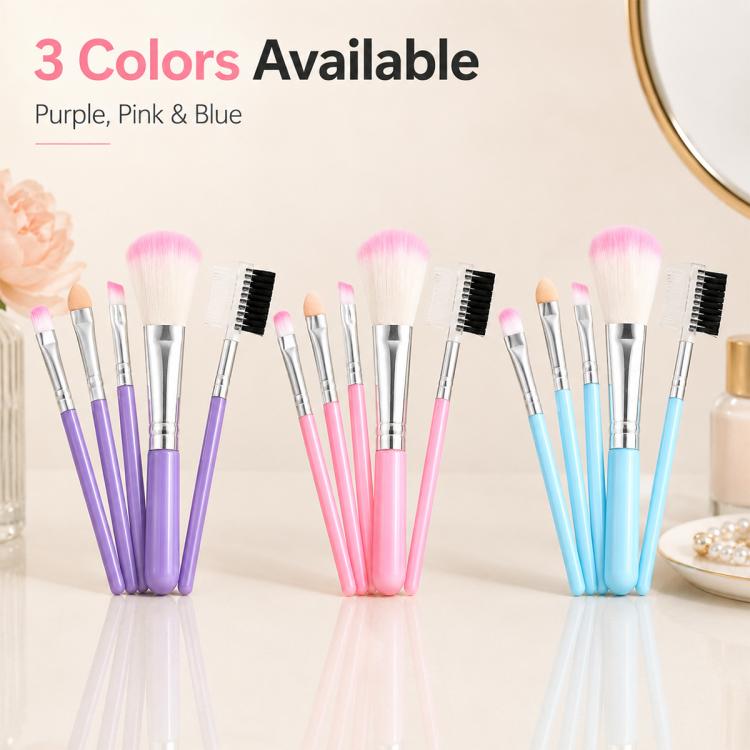 Three color makeup brush sets: purple, pink, and blue, each with five brushes