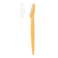 Yellow eyebrow razor with white anti-cut safety guard and toothed blade edge.