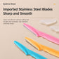 Eyebrow razors with toothed blades and white safety guards in pink and blue.