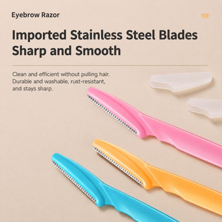 Eyebrow razors with toothed blades and white safety guards in pink and blue.