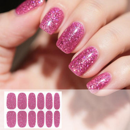 Waterproof glitter nail stickers, hot pink solid color, 12 per sheet