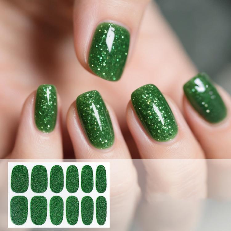 Waterproof glitter nail stickers, emerald green solid color, 12 per sheet
