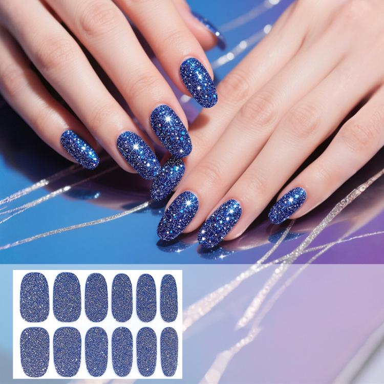 Waterproof glitter nail stickers, sapphire blue solid color, 12 per sheet