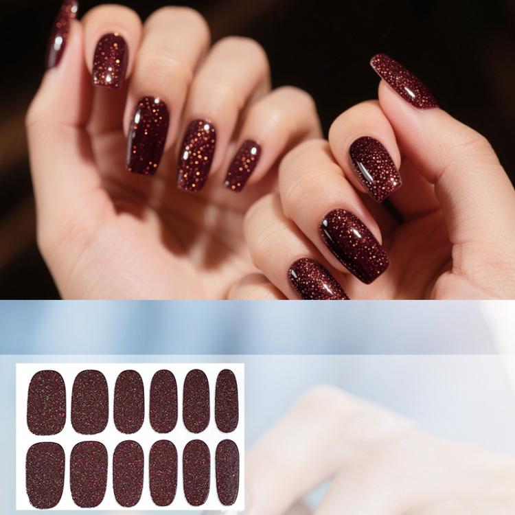 Waterproof glitter nail stickers, dark burgundy solid color, 12 per sheet