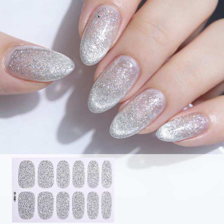 Waterproof glitter nail stickers, silver solid color, 12 per sheet