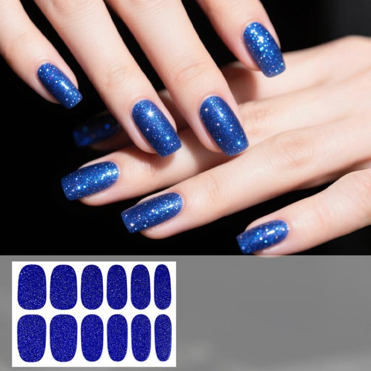 Waterproof glitter nail stickers, royal blue solid color, 12 per sheet